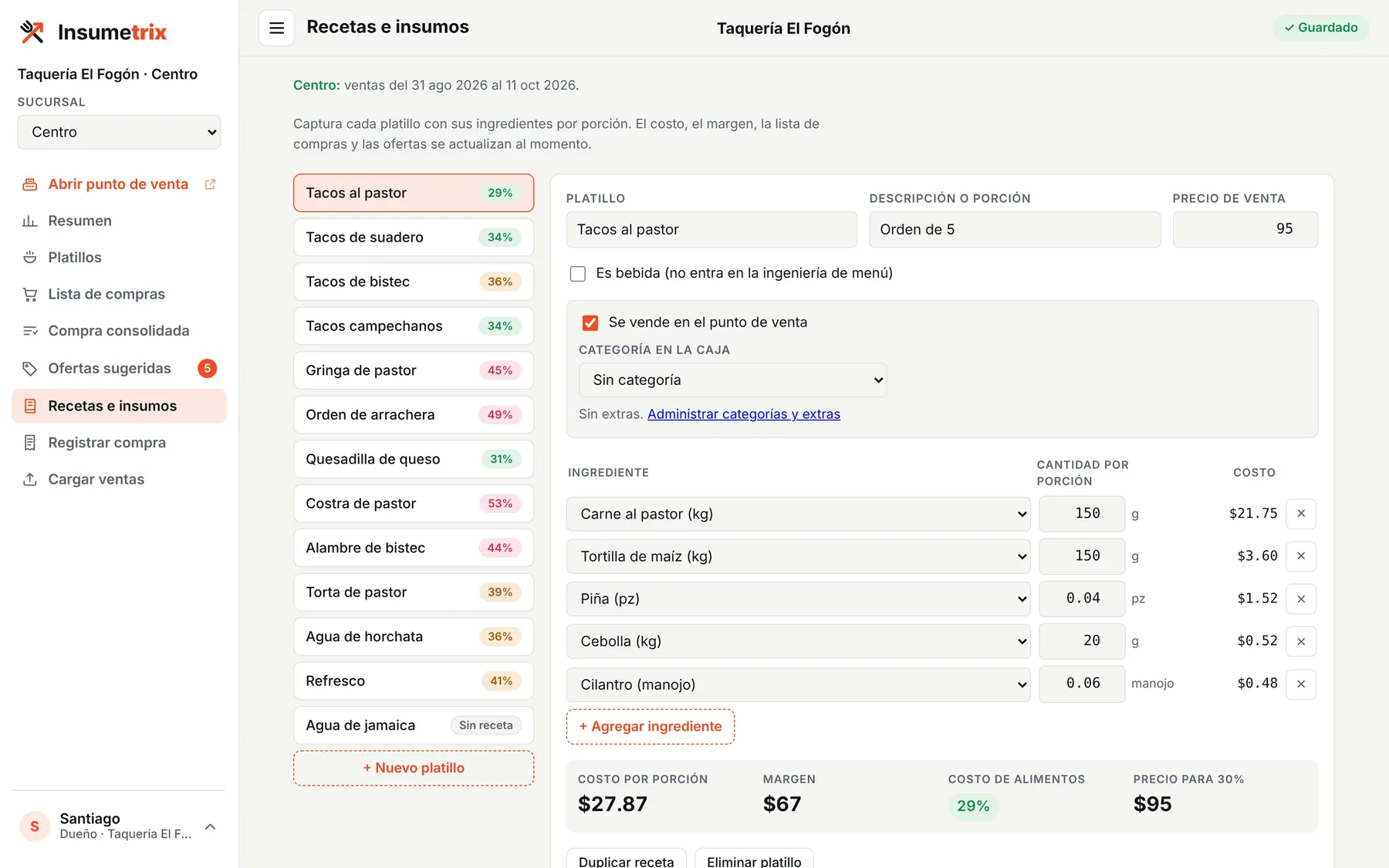 Editor de recetas de Insumetrix con ingredientes, costo por porción y margen